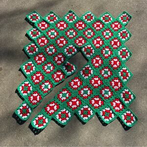 Vintage Handmade Christmas Crochet Granny Square Tree Skirt - Red and Green